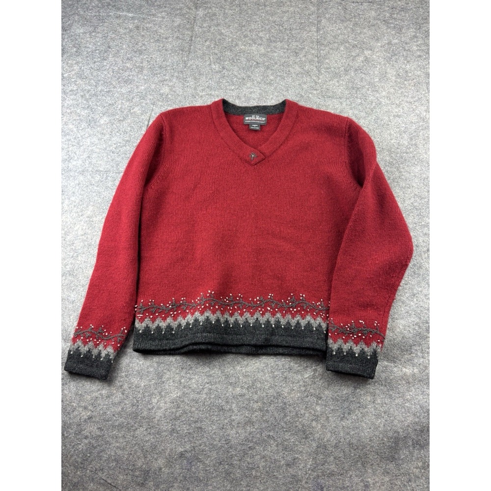 VTG Woolrich 100% Wool Sweater Women's S Gray Red Embroidered Foliage Pullover
